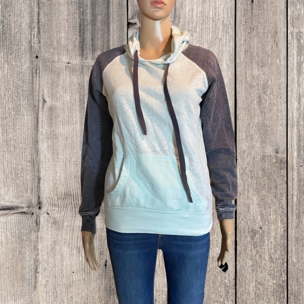 Essentials by Full Tilt Raglan Pullover Hoodie Burnout Gray Aquamarine